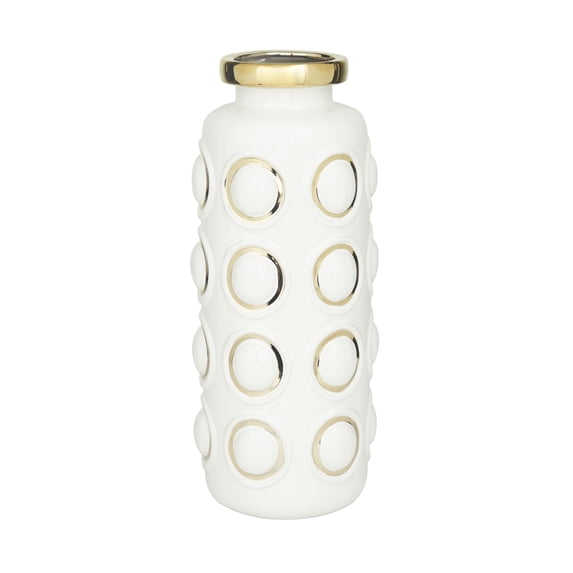 CosmoLiving by Cosmopolitan 16" White Ceramic Vase with Gold Circle Accents