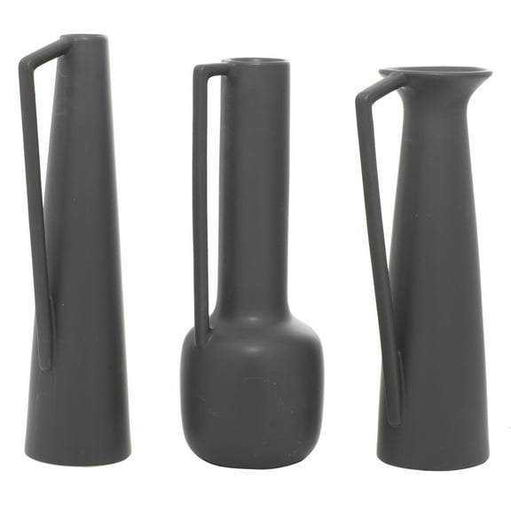 CosmoLiving by Cosmopolitan 17", 16", 16"H Black Ceramic Vase with Handles, Set of 3