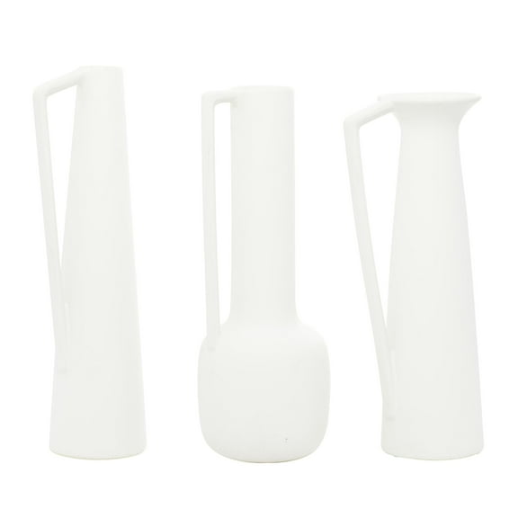 CosmoLiving by Cosmopolitan 17", 16", 16"H White Ceramic Vase with Sleek Handles, Set of 3