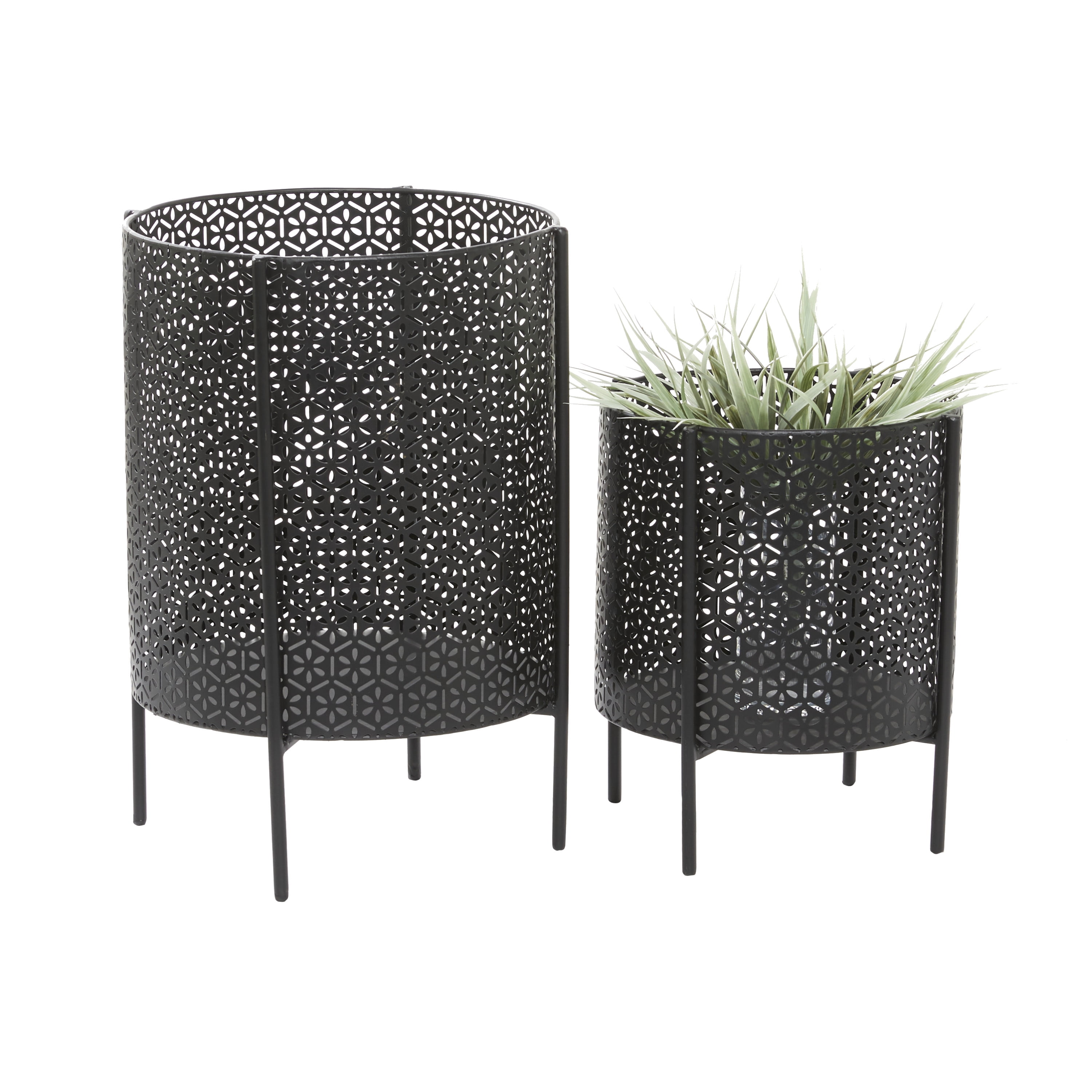 Set of 2 Black Metal Cylinder Floor Planters