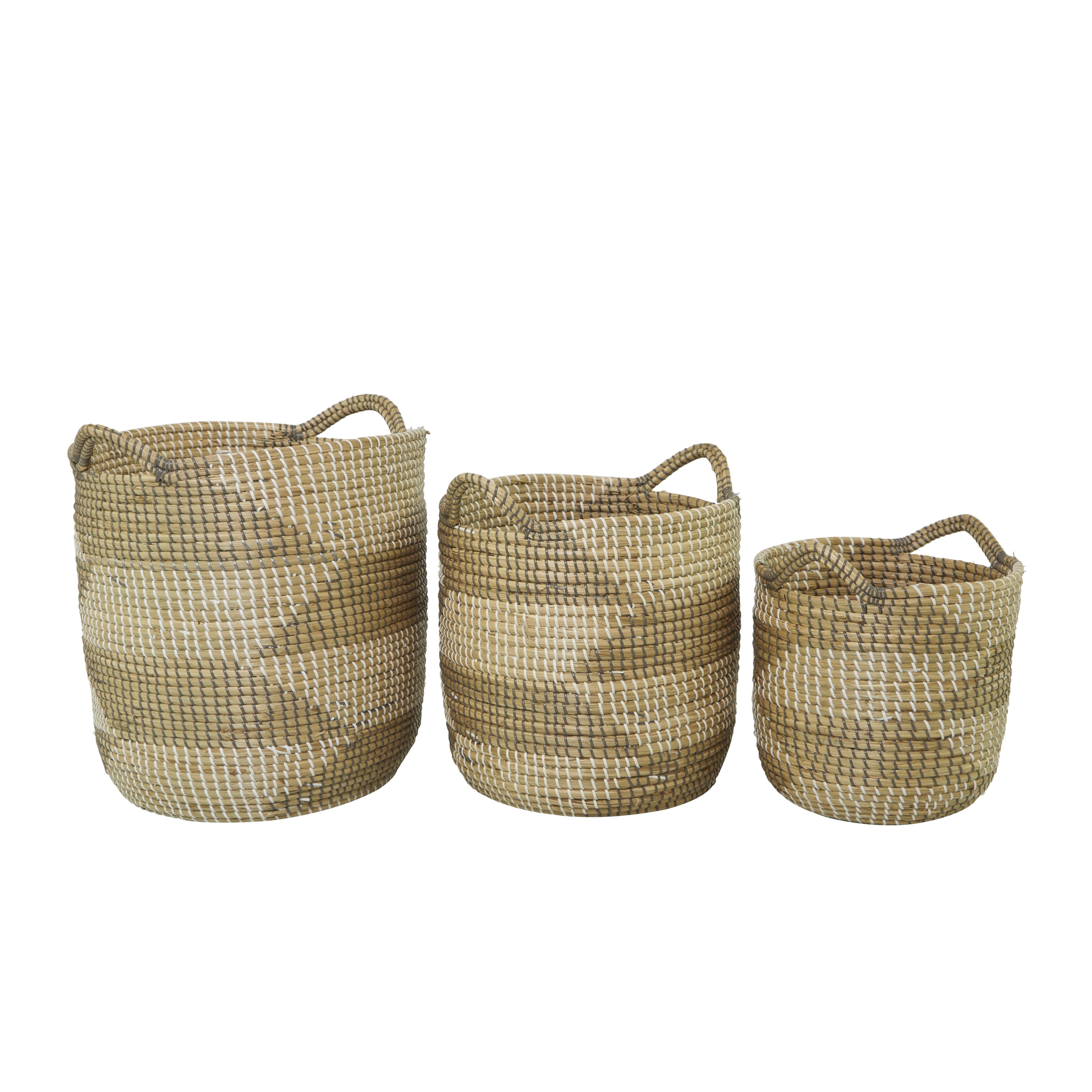 CosmoLiving by Cosmopolitan 19", 16", 13"H Brown Seagrass Handmade Two Toned Storage Basket with Handles, 3-Pieces