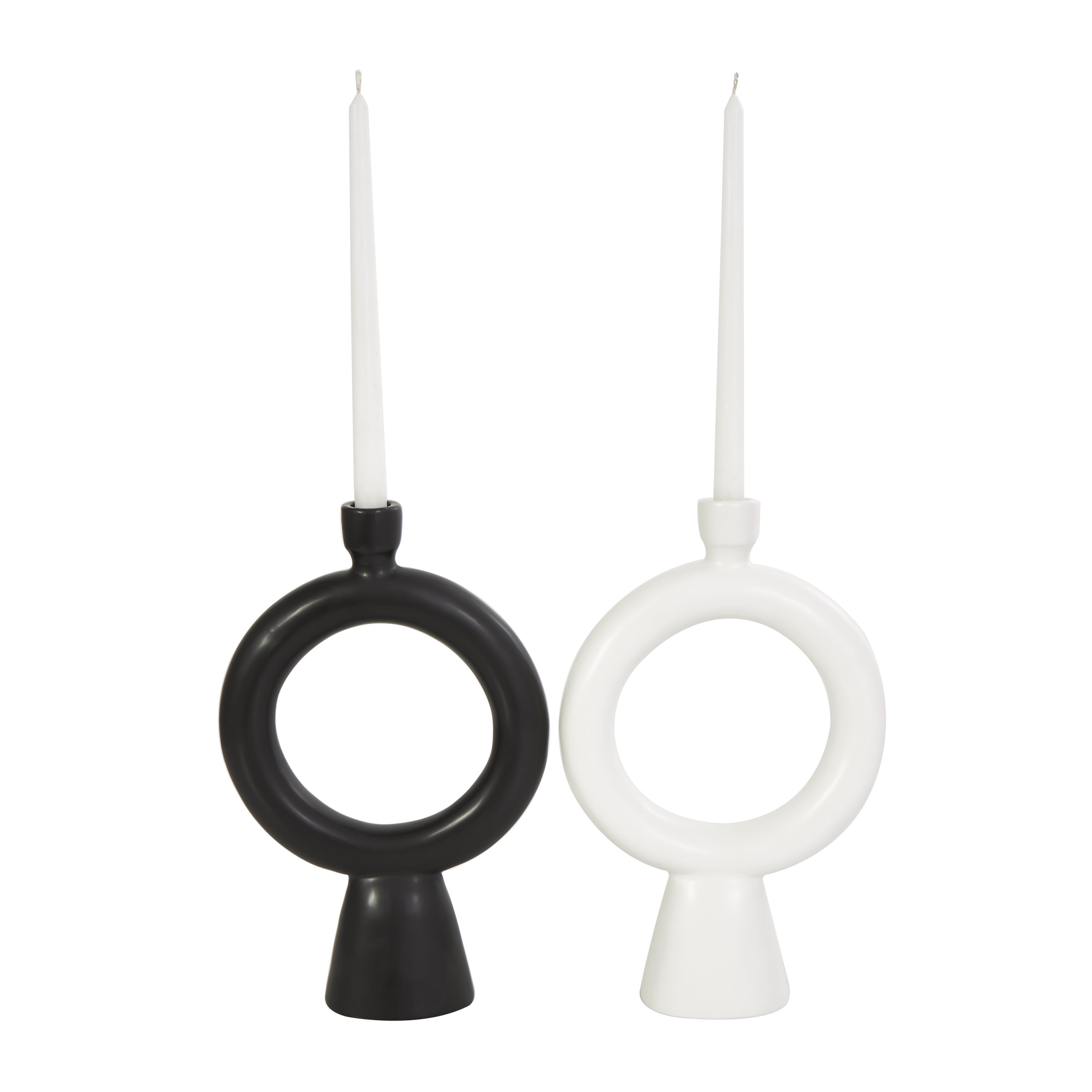 Black and White Ceramic Geometric Ring Tabletop Candlesticks, Set of 2
