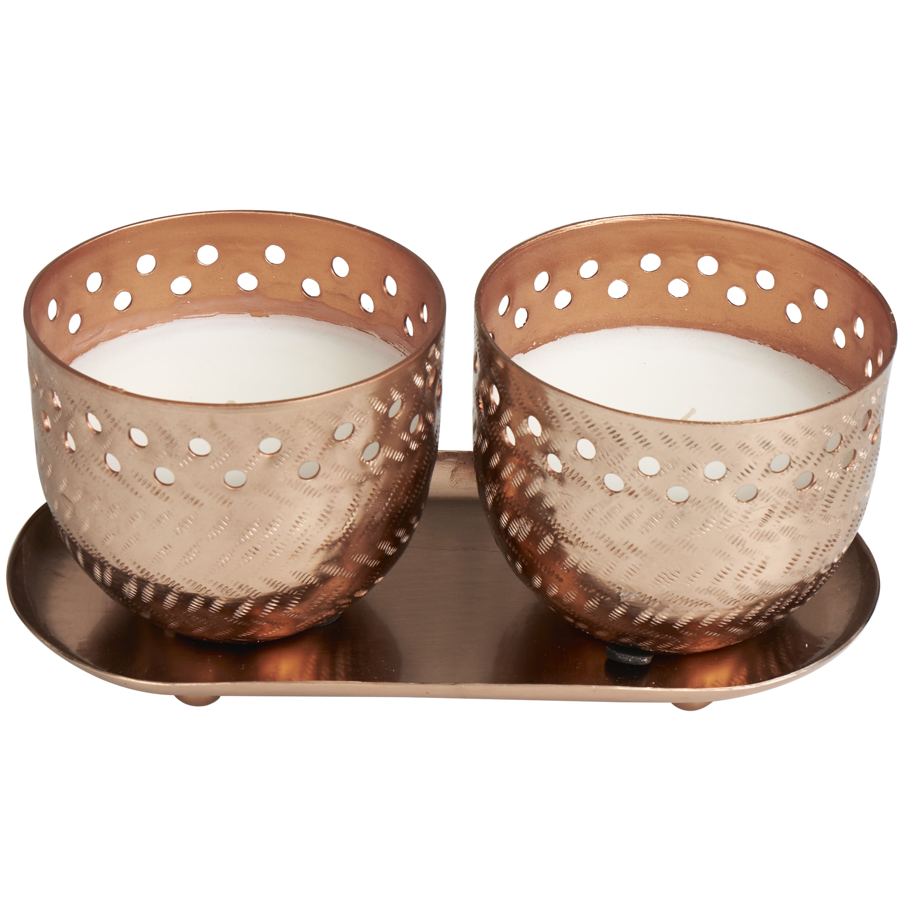 CosmoLiving by Cosmopolitan 2 Holder Copper Metal Tropical Breeze Scented Cutout Spotted 7 oz 1 Wick Candle with White Wax, (Set of 2)