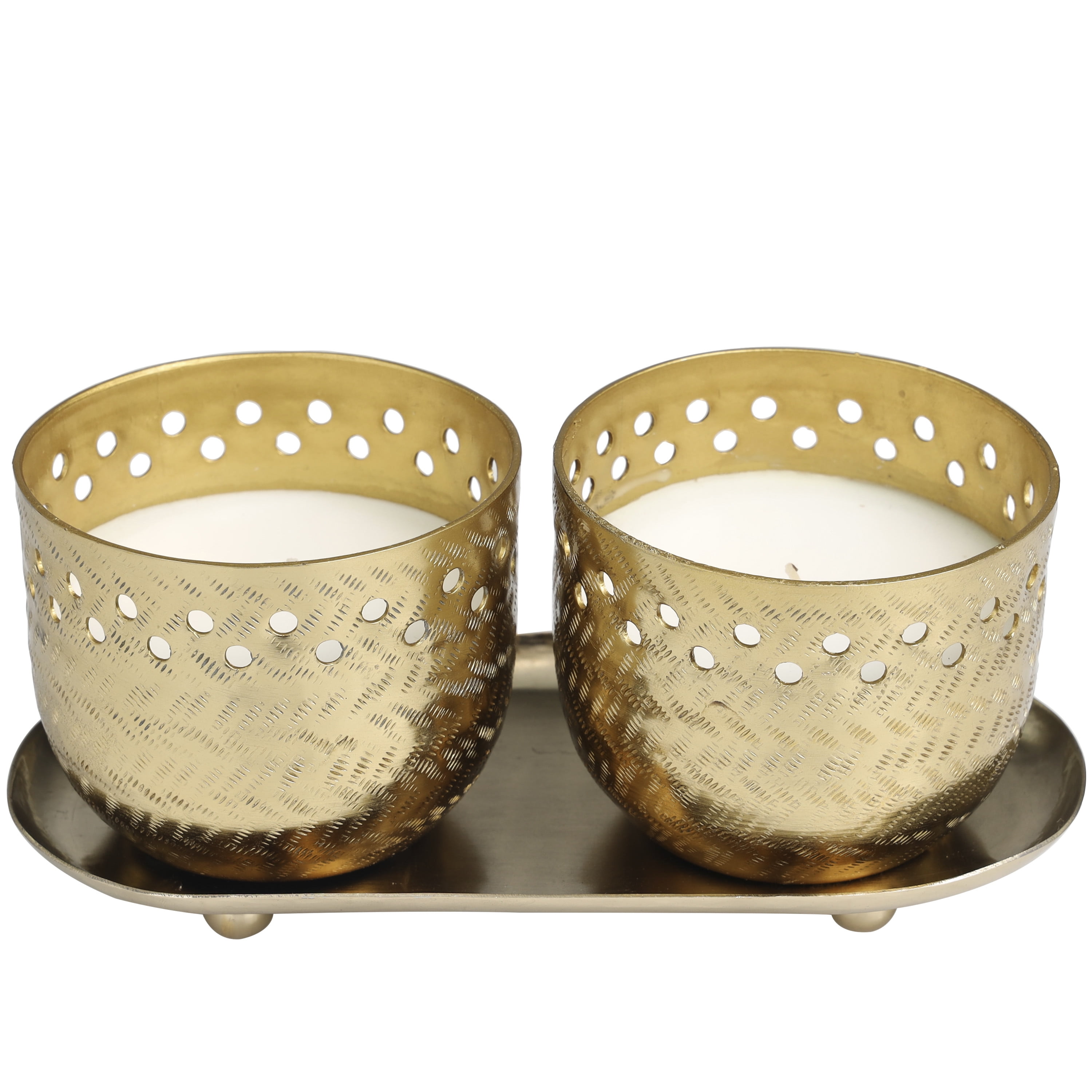 CosmoLiving by Cosmopolitan 2 Holder Gold Metal Egyptian Mint Scented Cutout Spotted 7 oz 1 Wick Candle with White Wax, (Set of 2)