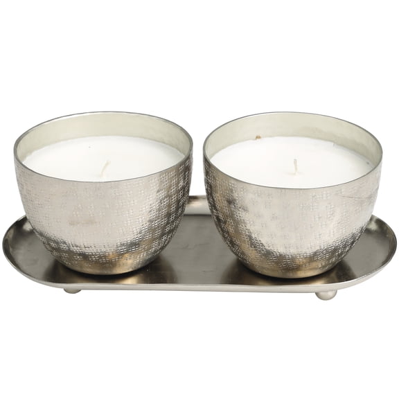 CosmoLiving by Cosmopolitan 2 Holder Silver Metal Campfire Scented Grid Patterned 10 oz 1 Wick Candle with White Wax, (Set of 2)