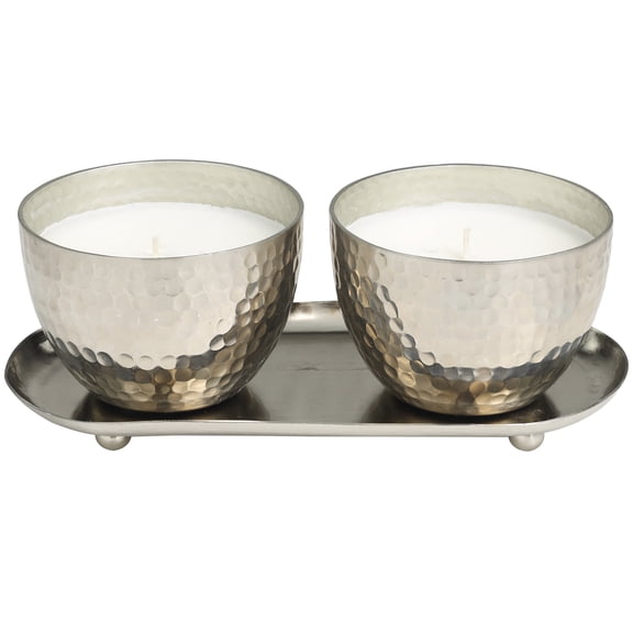 CosmoLiving by Cosmopolitan 2 Holder Silver Metal Sweet Bamboo Scented Hammered 10 oz 1 Wick Candle with White Wax, (Set of 2)