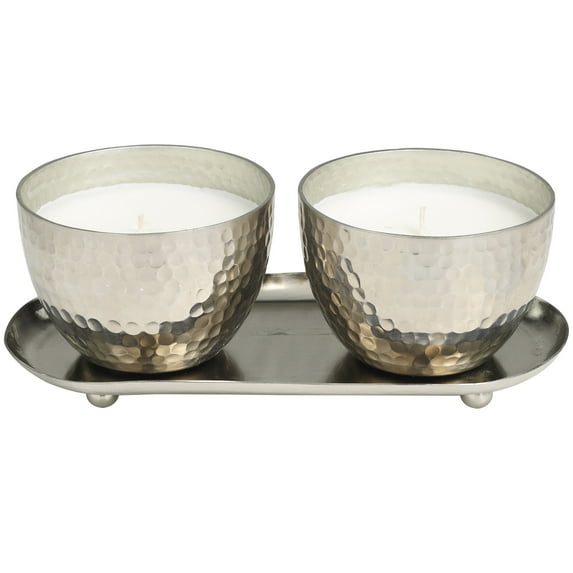 CosmoLiving by Cosmopolitan 2 Holder Silver Metal Sweet Bamboo Scented Hammered 10 oz 1 Wick Candle with White Wax, (Set of 2)
