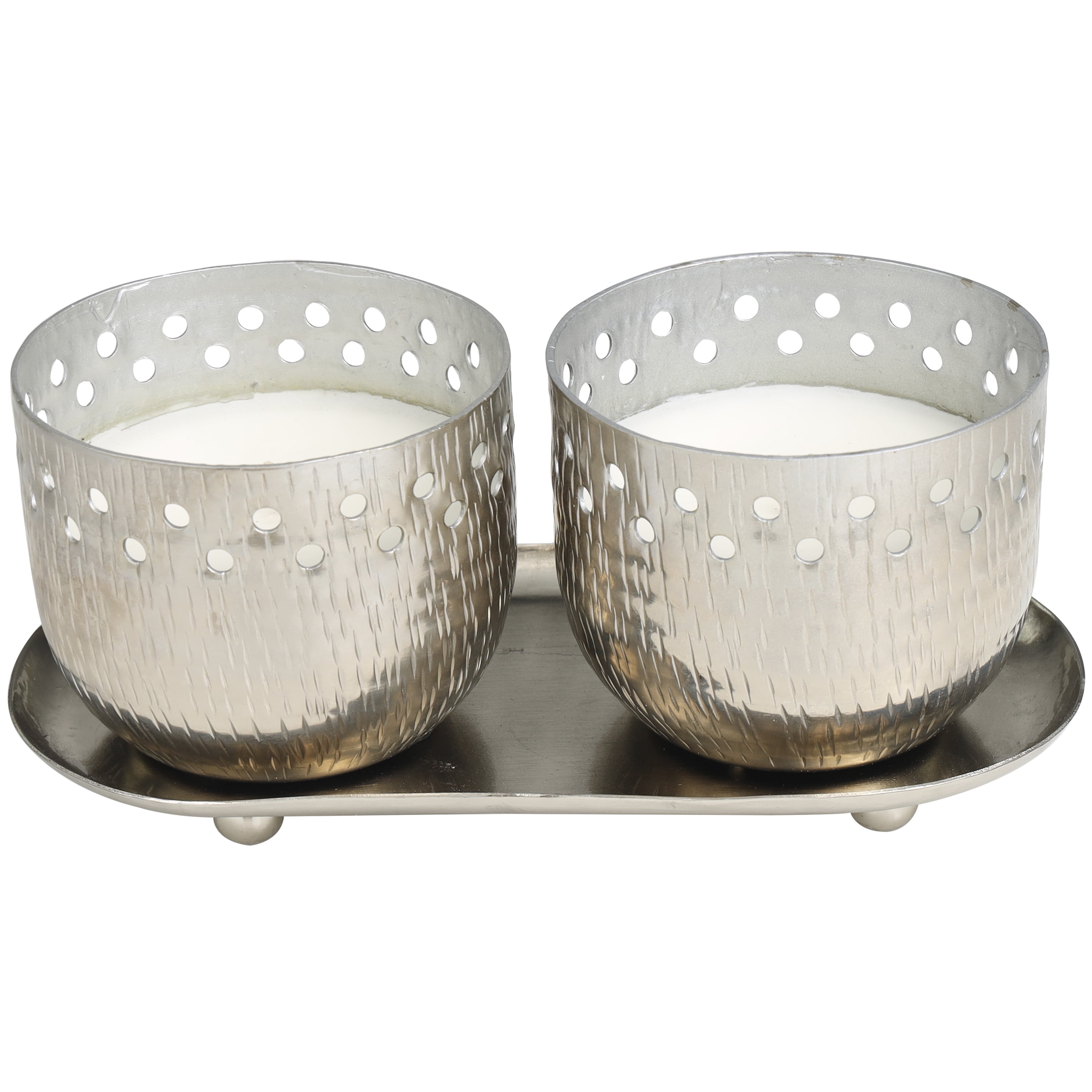 CosmoLiving by Cosmopolitan 2 Holder Silver Metal Vanilla Marshmallow Scented Cutout Spotted 7 oz 1 Wick Candle with White Wax, (Set of 2)