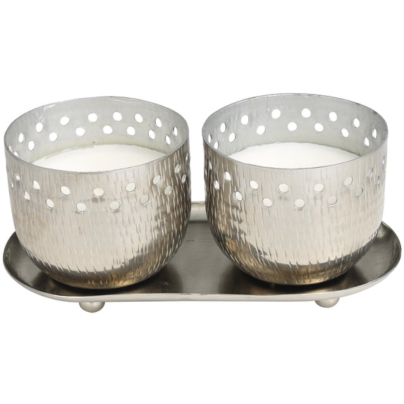 CosmoLiving by Cosmopolitan 2 Holder Silver Metal Vanilla Marshmallow Scented Cutout Spotted 7 oz 1 Wick Candle with White Wax, (Set of 2)