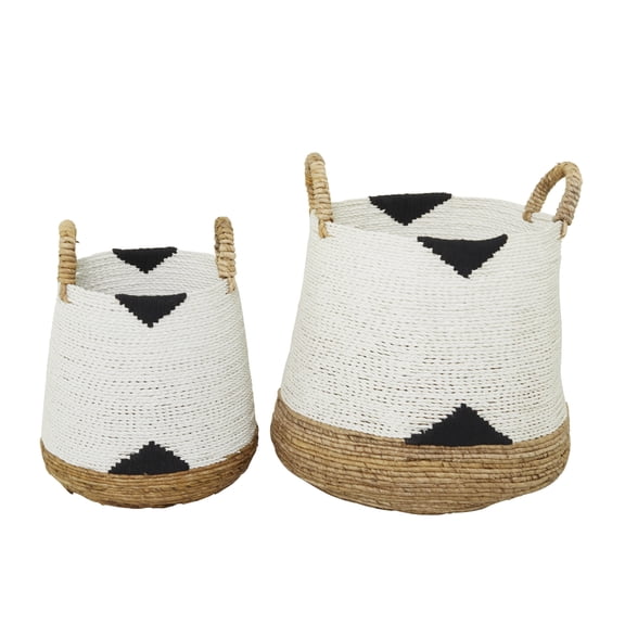 CosmoLiving by Cosmopolitan 21", 18"H White Banana Leaf Handmade Triangle Details Storage Basket with Handles, 2-Pieces