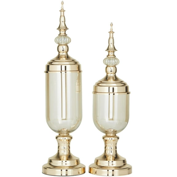 CosmoLiving by Cosmopolitan 22", 19"H Gold Metal Decorative Jars with Finial Lids and Iridescent Glass, 2-Pieces