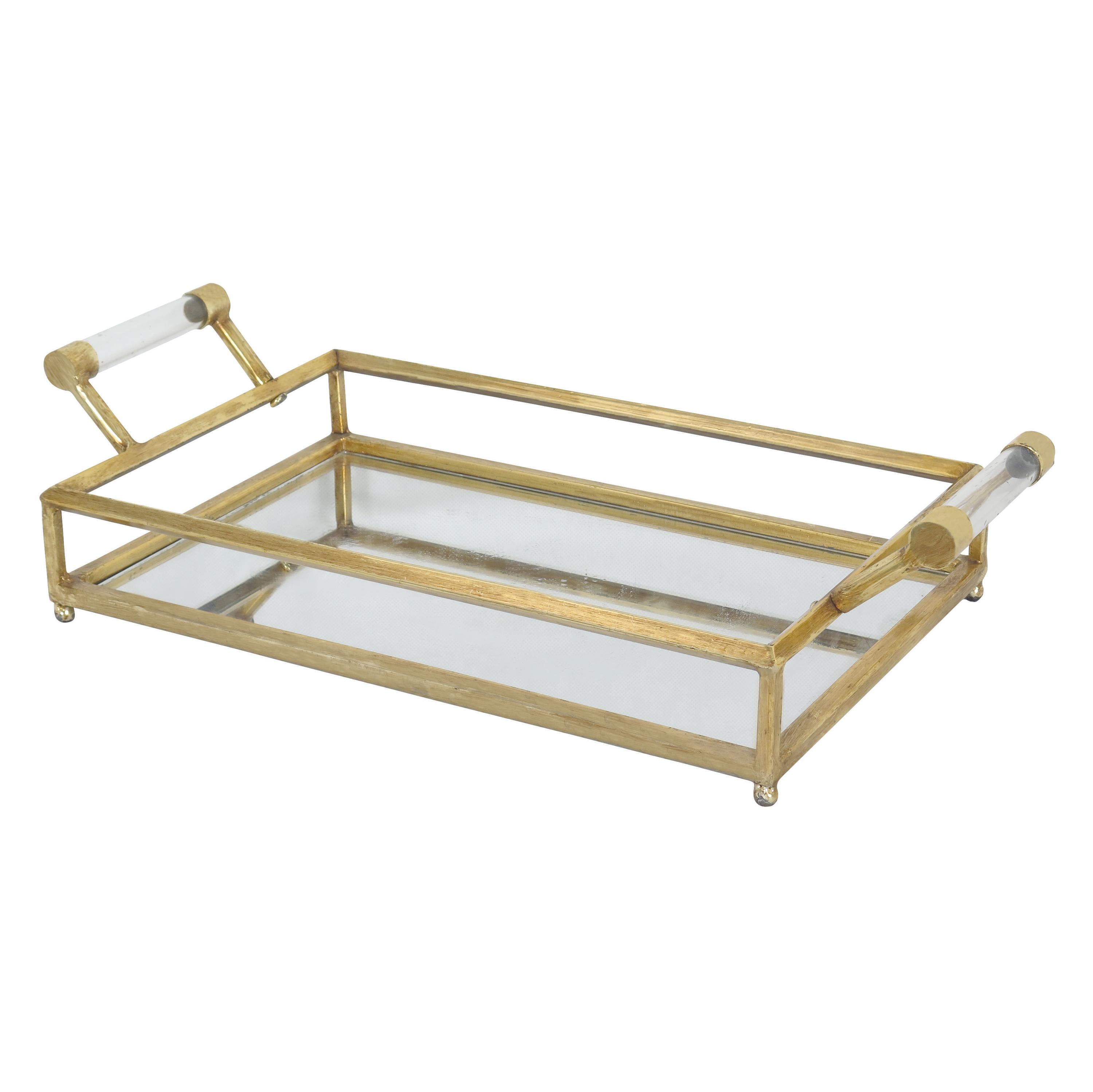 Gold Metal Mirrored Decorative Tray with Acrylic Handles