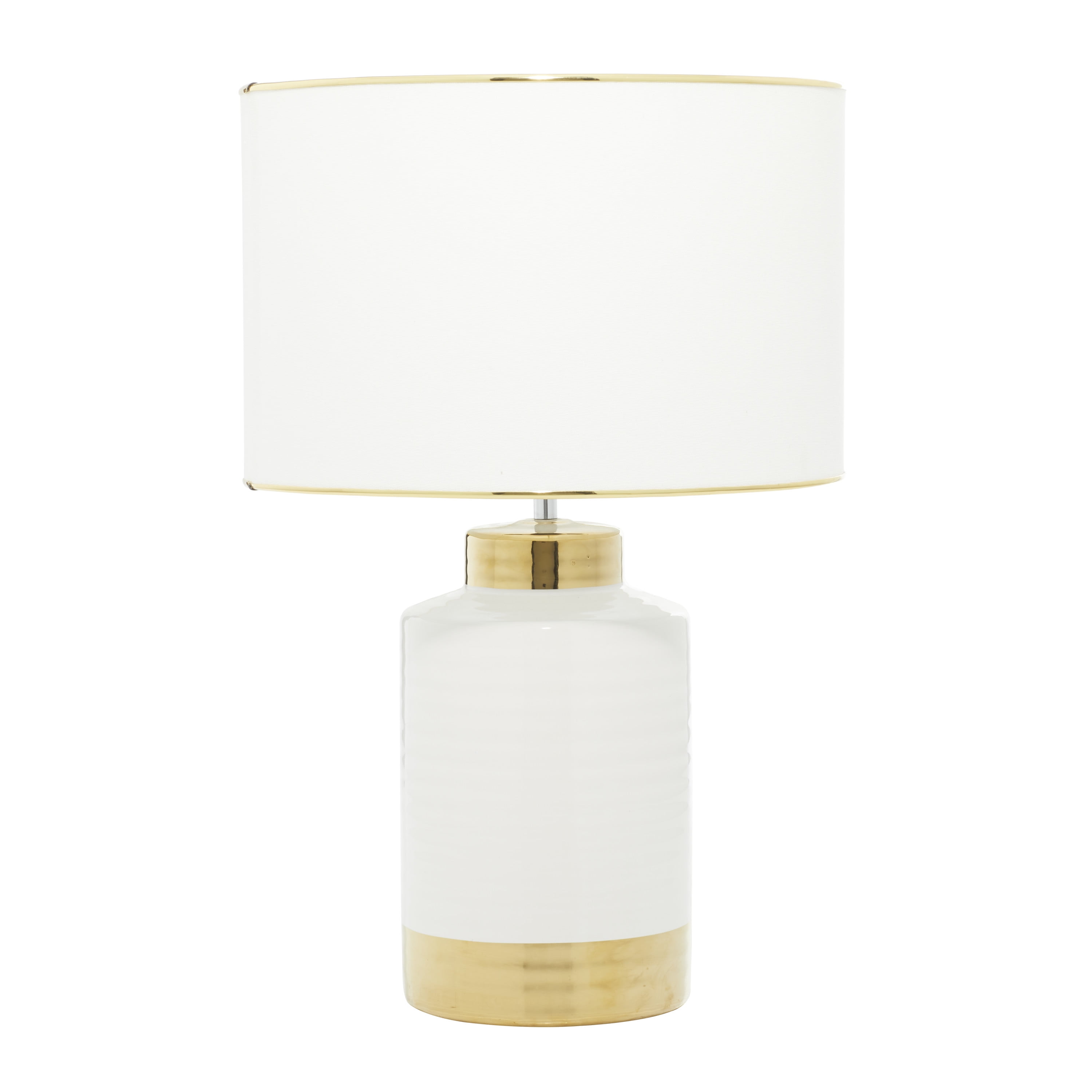 Gold Trim White Ceramic Cylindrical Nightstand Lamp