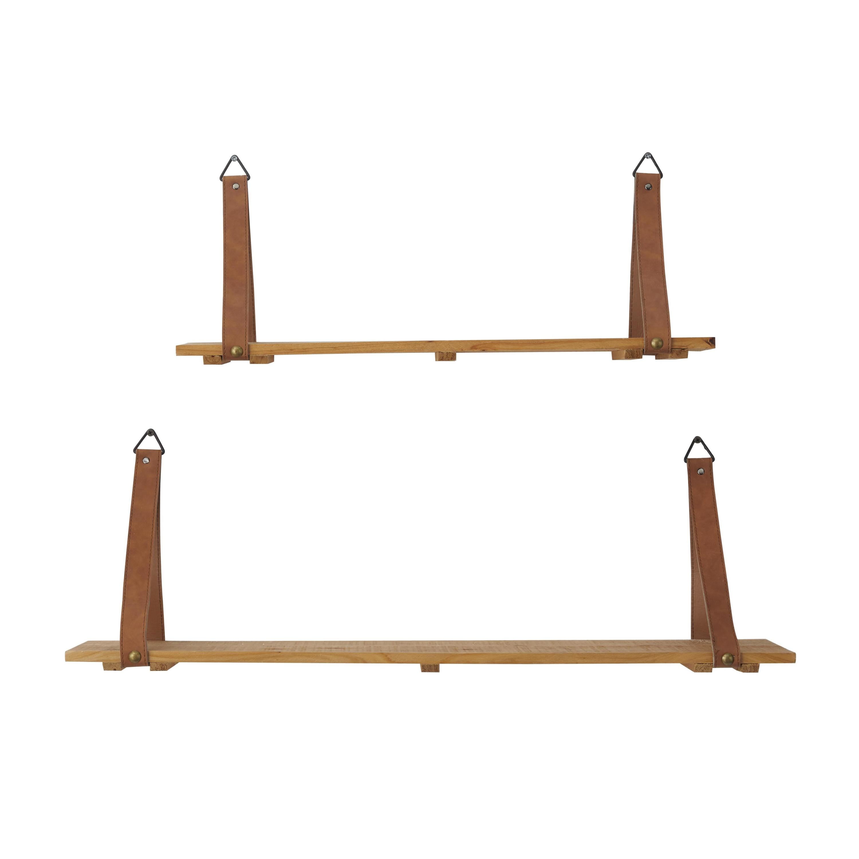 CosmoLiving by Cosmopolitan 24", 32"W 2-Tier Brown Wall Shelf with Faux Leather Straps (2 Count)