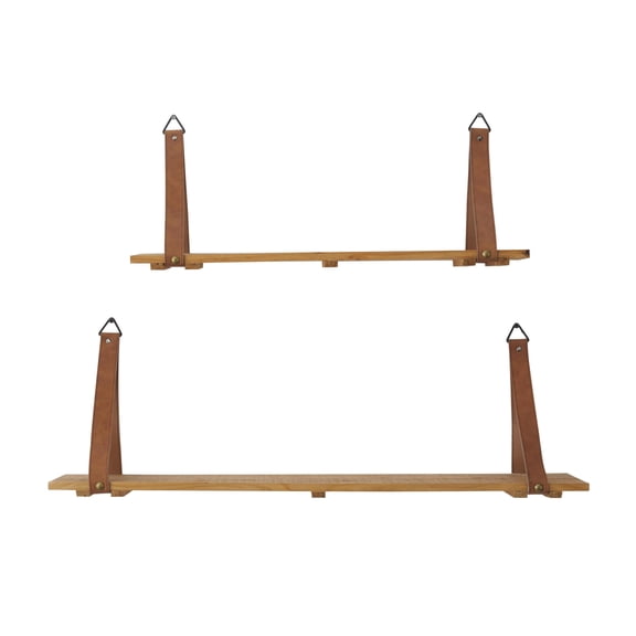 CosmoLiving by Cosmopolitan 24", 32"W 2-Tier Brown Wall Shelf with Faux Leather Straps (2 Count)
