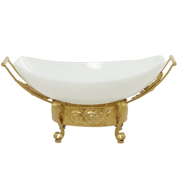 CosmoLiving by Cosmopolitan 24" x 11" White Glass Kitchen Serving Bowl with Gold Metal Scroll Stand, 1-Piece