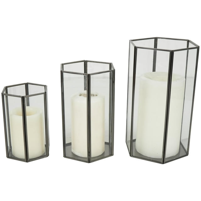 CosmoLiving by Cosmopolitan 3 Holder Clear Metal Geometric Hexagon Shaped Candle Lantern with Clear Glass, Set of 3