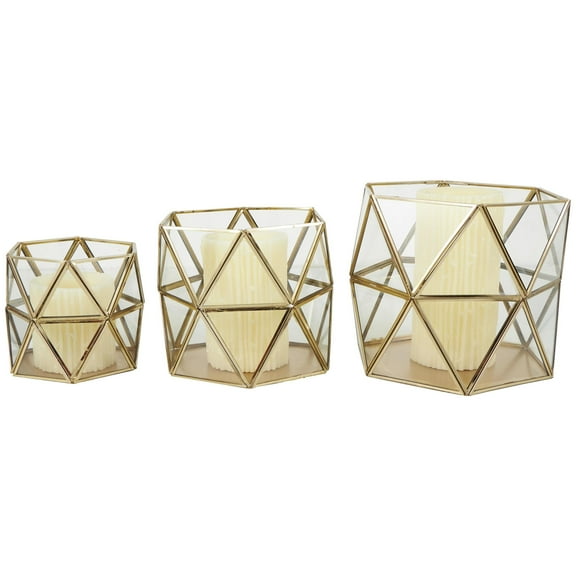 CosmoLiving by Cosmopolitan 3 Holder Gold Metal Geometric Diamond Patterned Hexagon Candle Lantern, Set of 3