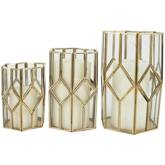 CosmoLiving by Cosmopolitan 3 Holder Gold Metal Geometric Diamond Patterned Hexagon Candle Lantern with Clear Glass, Set of 3