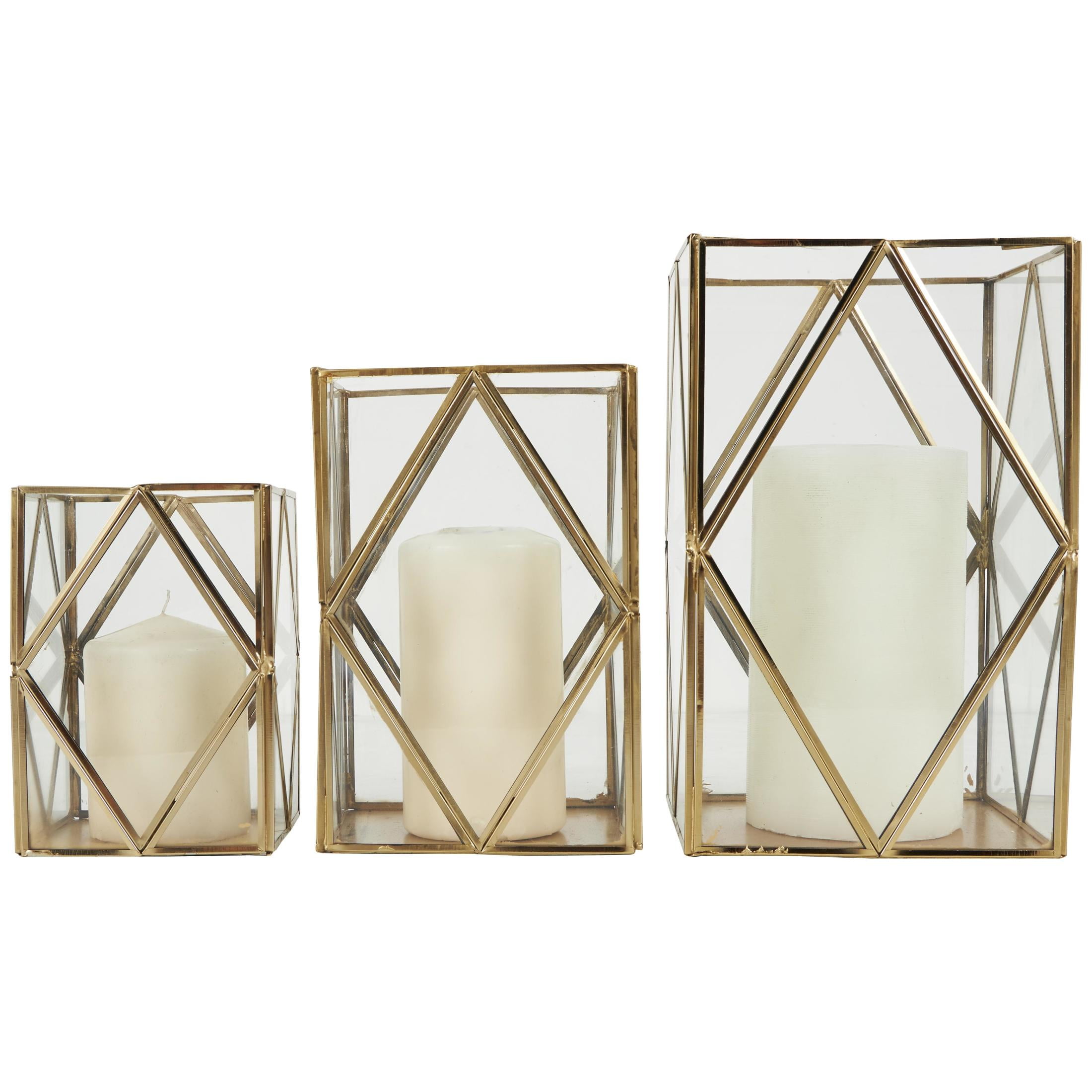 CosmoLiving by Cosmopolitan 3 Holder Gold Metal Geometric Diamond Patterned Rectangular Candle Lantern, Set of 3