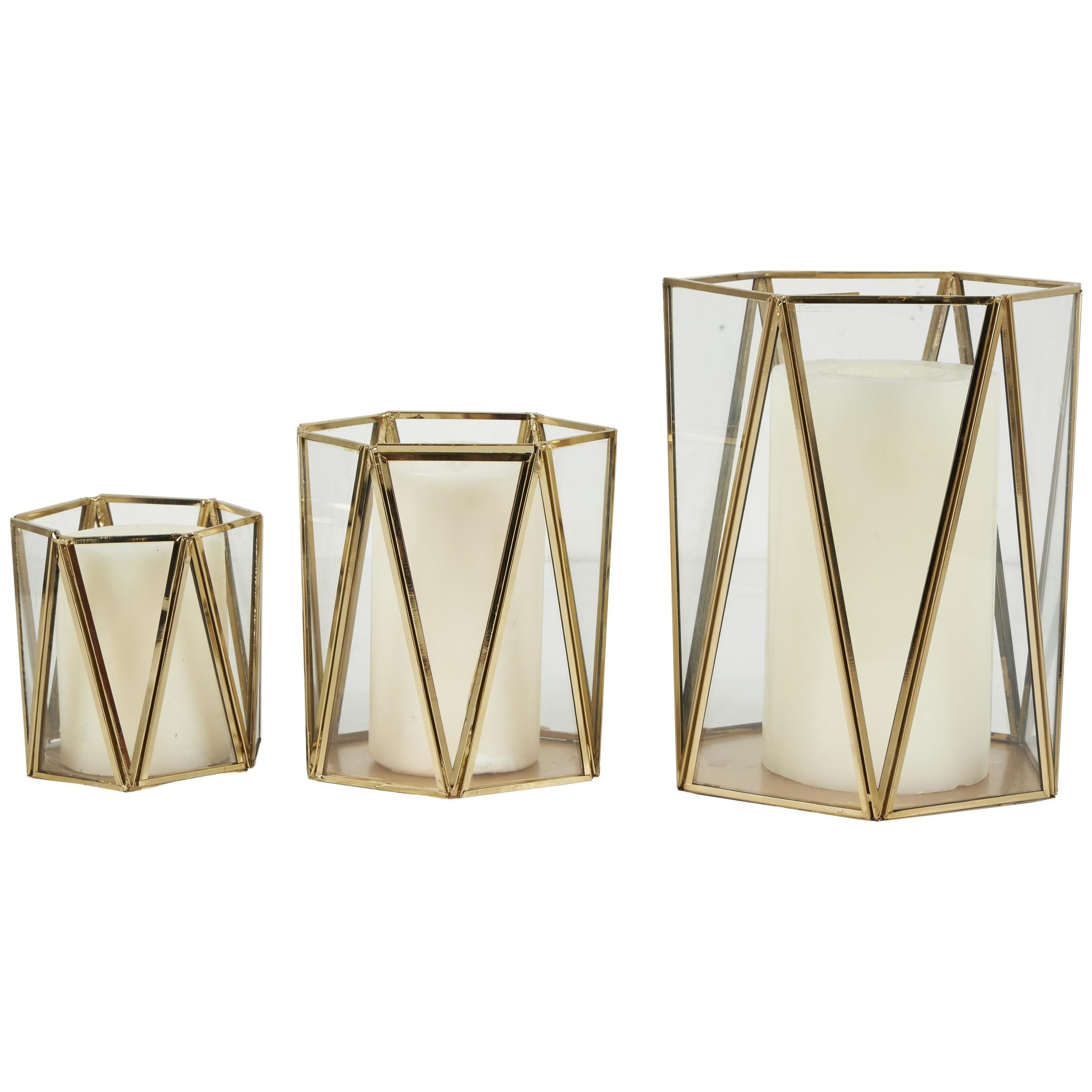 CosmoLiving by Cosmopolitan 3 Holder Gold Metal Geometric Triangle Patterned Hexagon Candle Lantern with Clear Glass, Set of 3