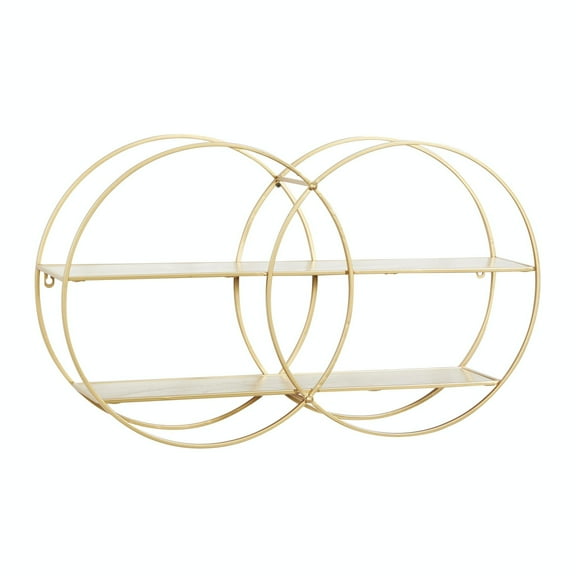 CosmoLiving by Cosmopolitan 30" x 6" Round Overlapping Ring 2-Tier Gold Geometric Wall Shelf with Wooden Shelves