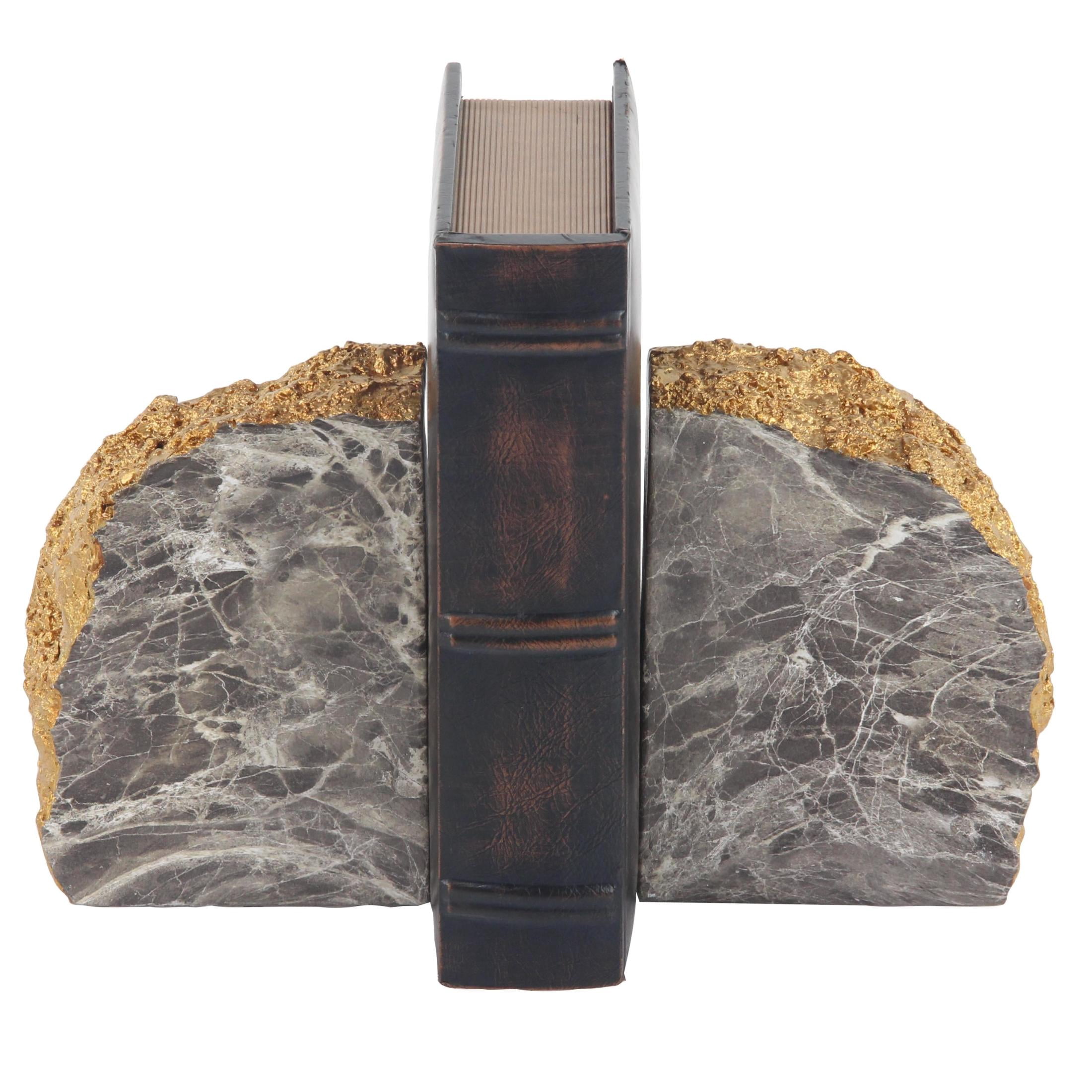 CosmoLiving by Cosmopolitan 5" Geode Gray Polystone Bookends with Gold Detailing (Set of 2)