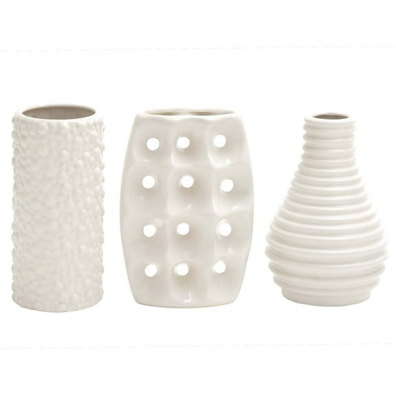 CosmoLiving by Cosmopolitan 5"W, 8"H White Ceramic Vase with Varying Patterns, Set of 3