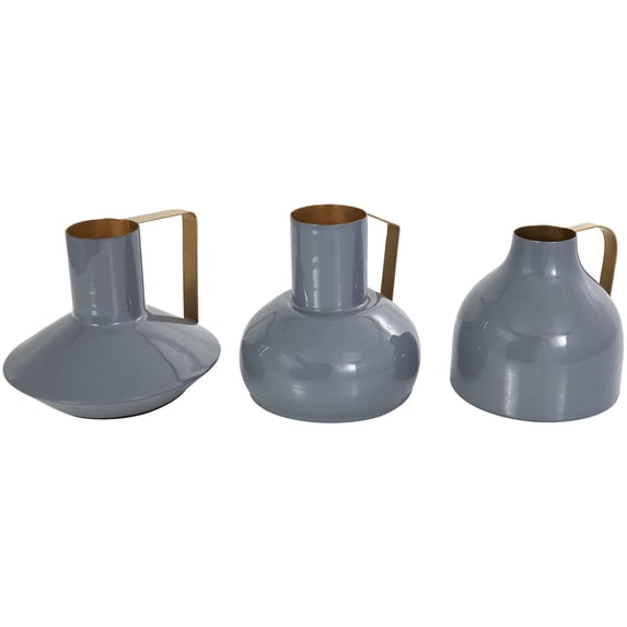 CosmoLiving by Cosmopolitan 6", 7", 7"H Abstract Enameled Blue Metal Vase with Varying Shapes and Geometric Gold Handles, Set of 3