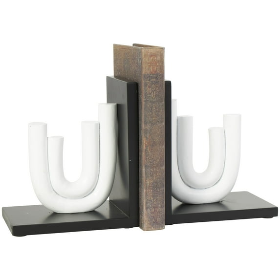 CosmoLiving by Cosmopolitan 6" Layered U-Shaped Abstract White Wooden Bookends with Black Stands (Set of 2)