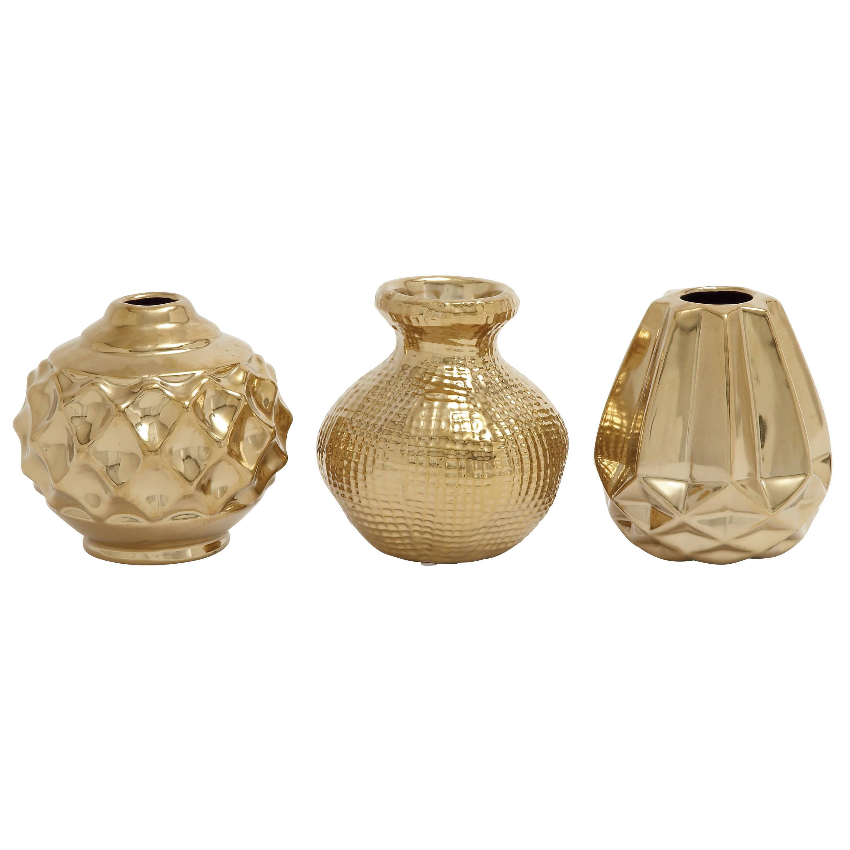 Gold Ceramic Decorative Vases with Varying Patterns, Set of 3