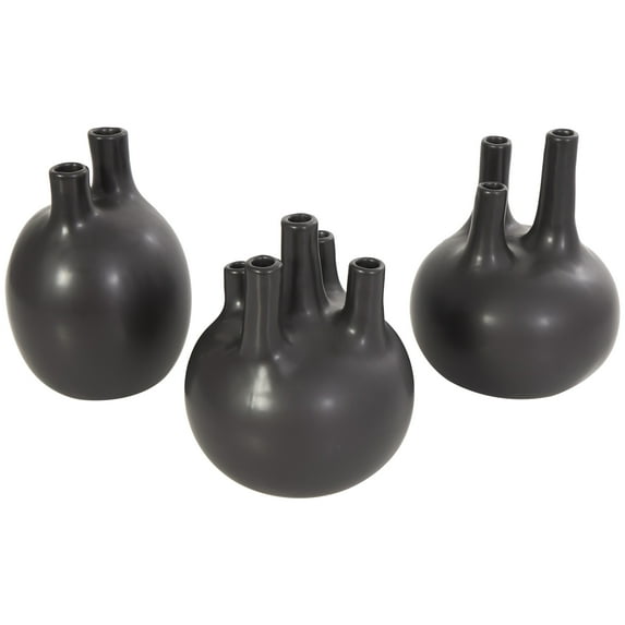 CosmoLiving by Cosmopolitan 6"W, 7"H Round Bud Black Ceramic Vase with Multiple Openings, Set of 3