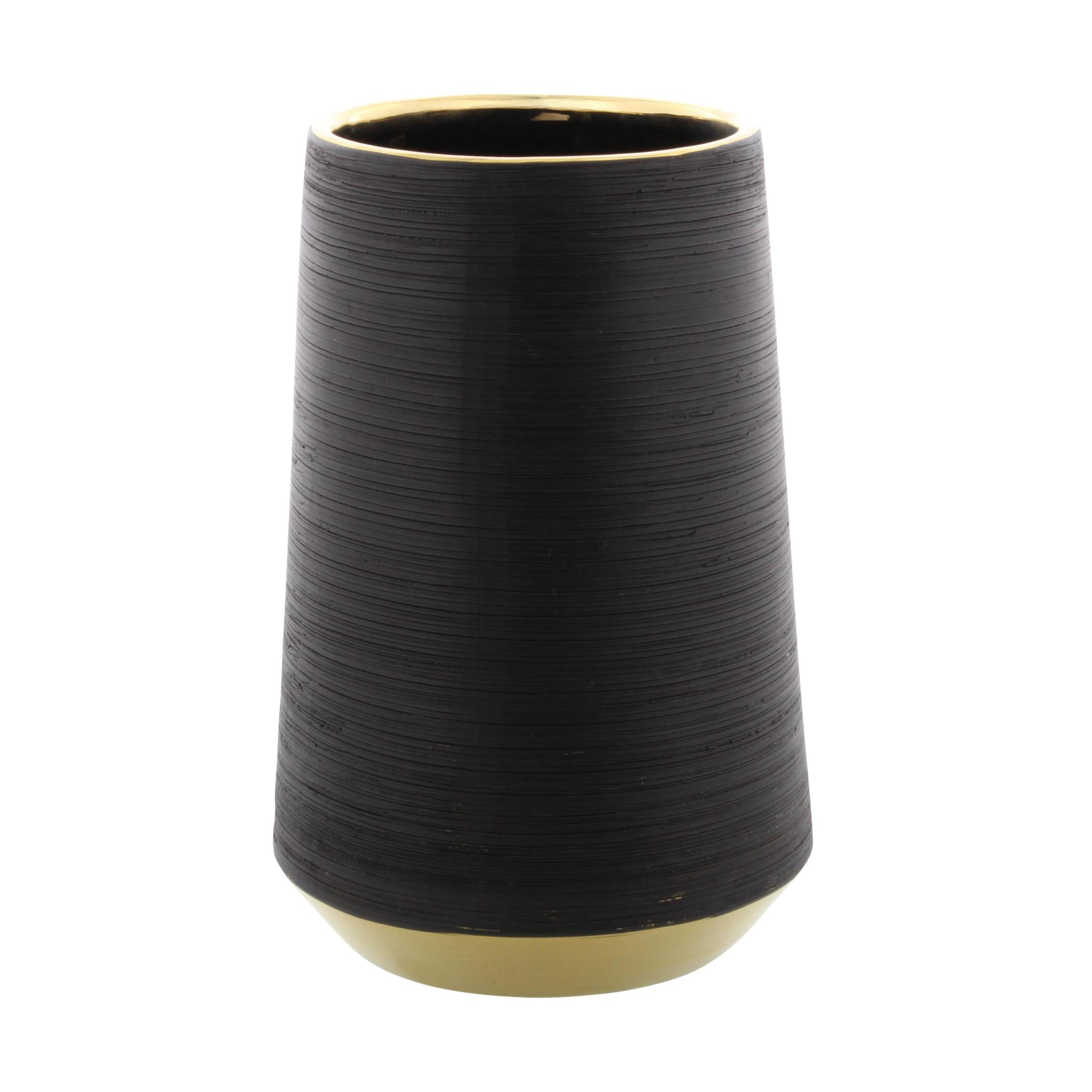 CosmoLiving by Cosmopolitan 8" Ribbed Black Porcelain Ceramic Vase with Gold accents