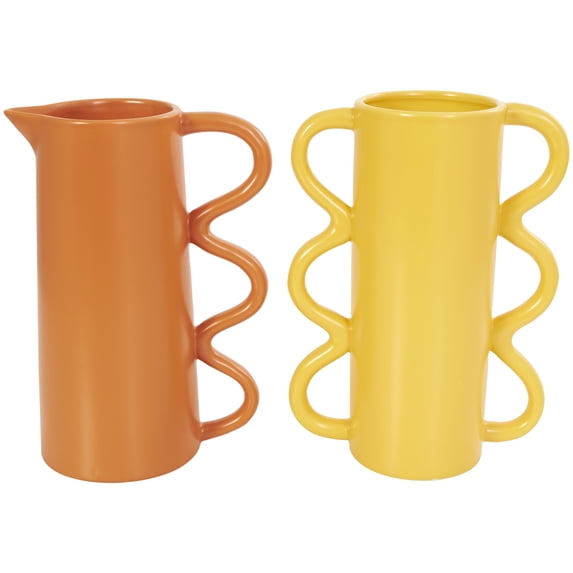 CosmoLiving by Cosmopolitan 8"W, 10"H Geometric Multi Colored Ceramic Vase with Varying Shapes and Wavy Handles, Set of 2