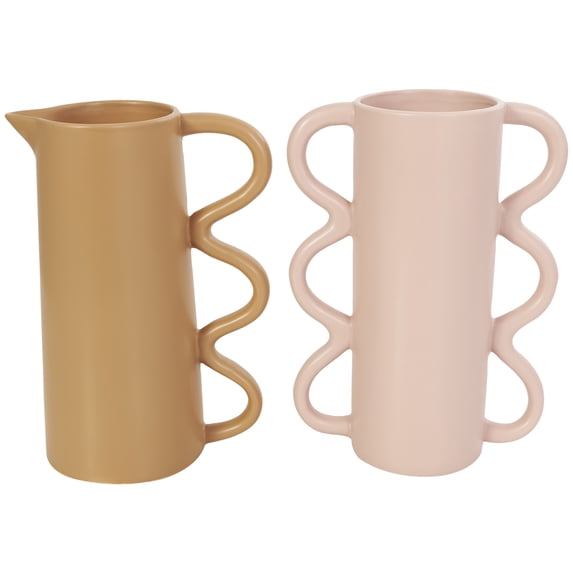 CosmoLiving by Cosmopolitan 8"W, 10"H Geometric Multi Colored Ceramic Vase with Varying Shapes and Wavy Handles, Set of 2