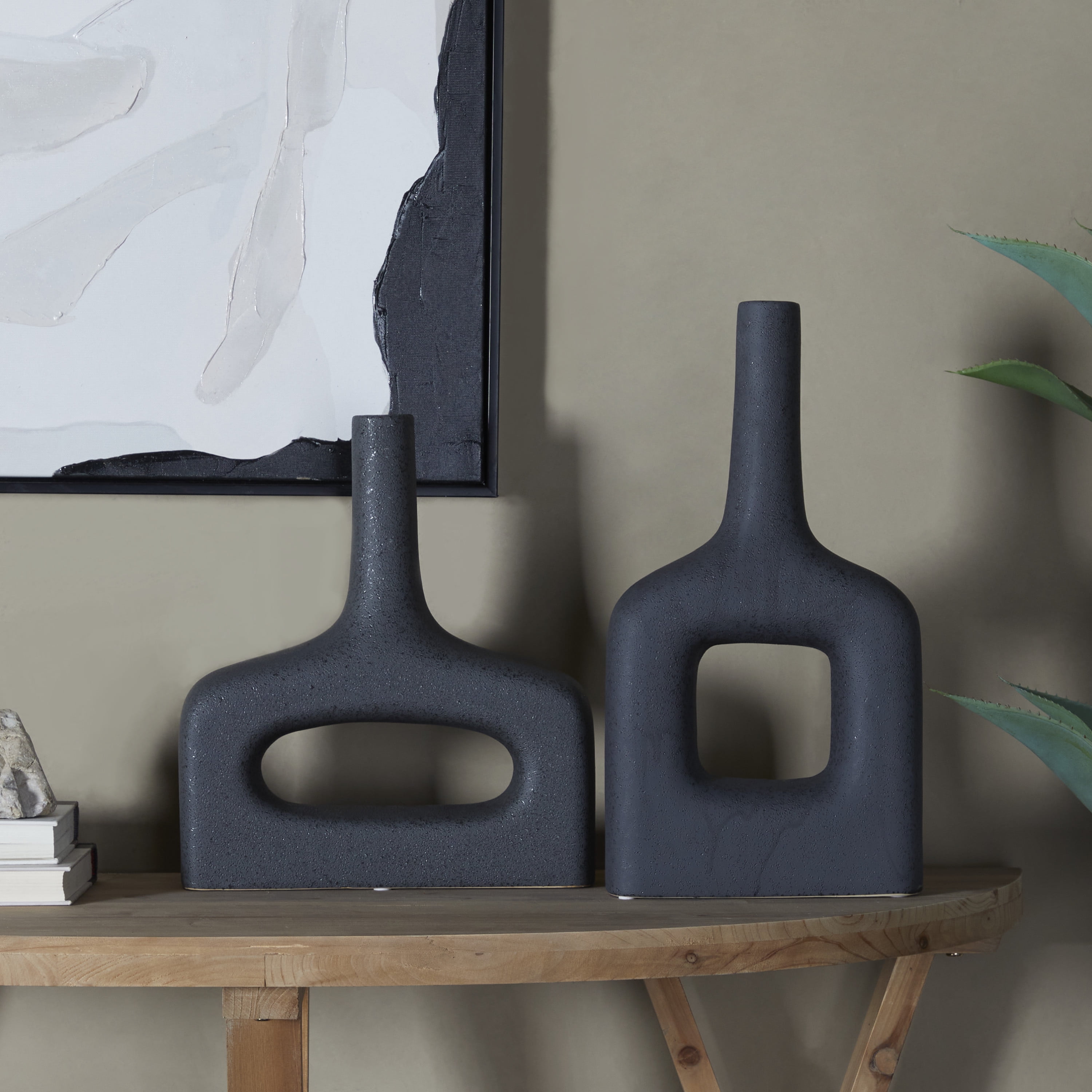 CosmoLiving by Cosmopolitan 8"W, 16"H Ceramic Modern Vase, Black, 2-Piece