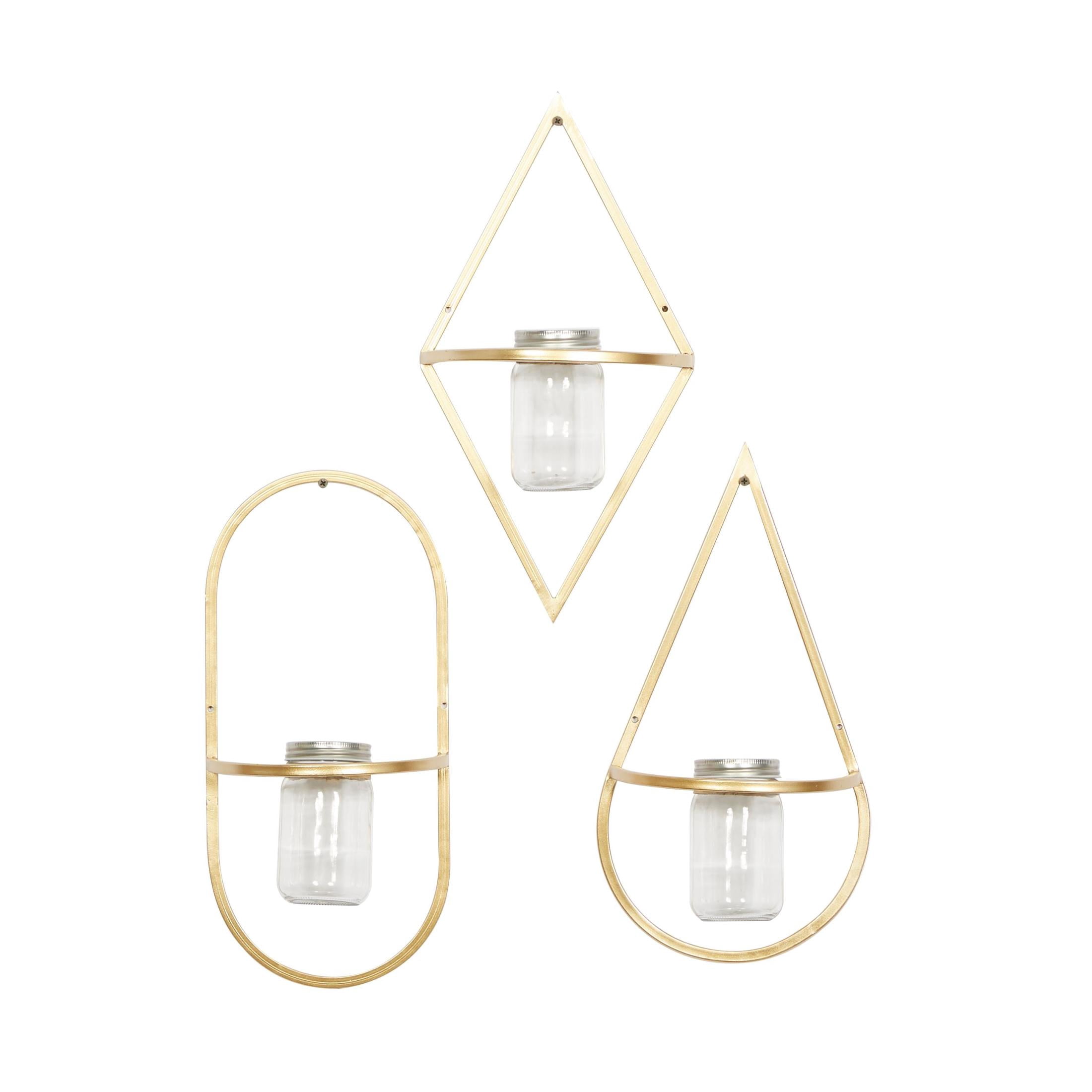 CosmoLiving by Cosmopolitan 8"W, 17"H Round Gold Metal Geometric Wall Planter with Glass Holder (3 Count)