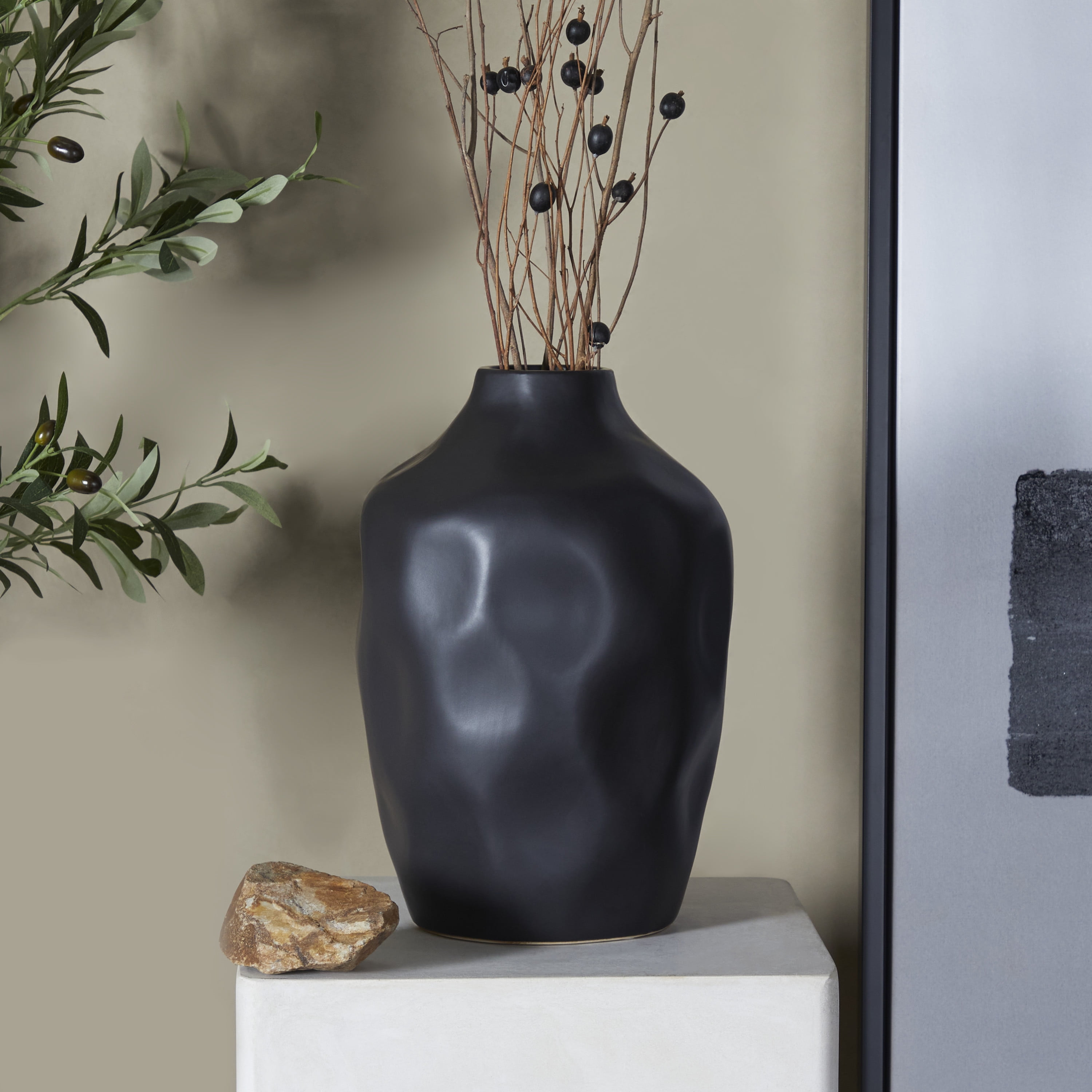 Elegant 14" Black Ceramic Amphora Vase for Modern Tabletop Decor
