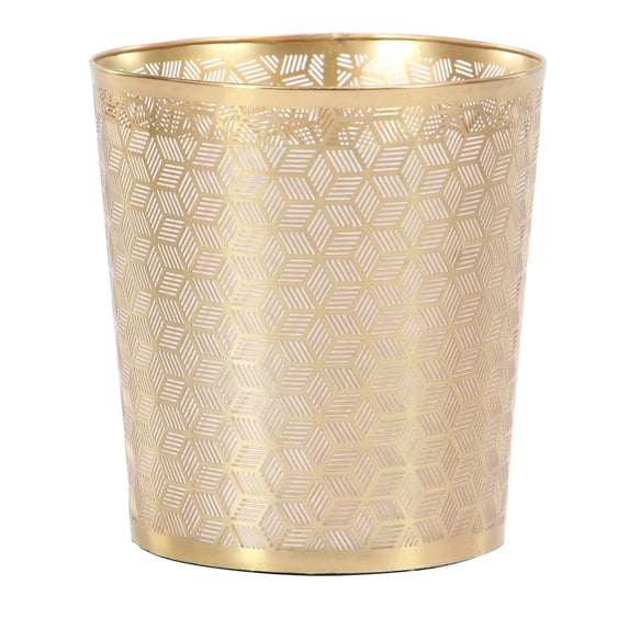 CosmoLiving by Cosmopolitan 9" x 10" Gold Metal Geometric Cube Small Waste Bin with Laser Carved Design, 1-Piece