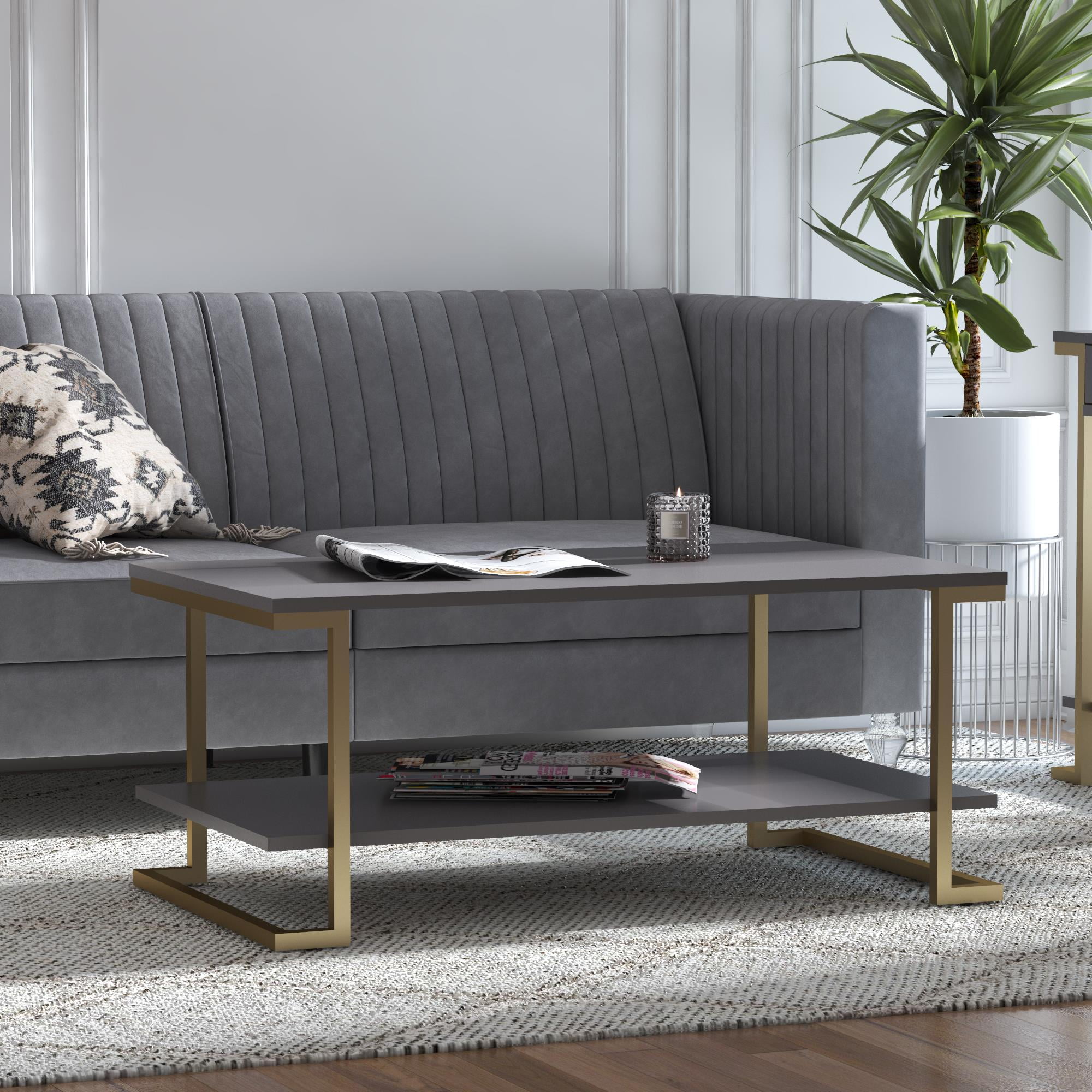 Camila Rectangular Graphite Gray Coffee Table with Gold Metal Legs