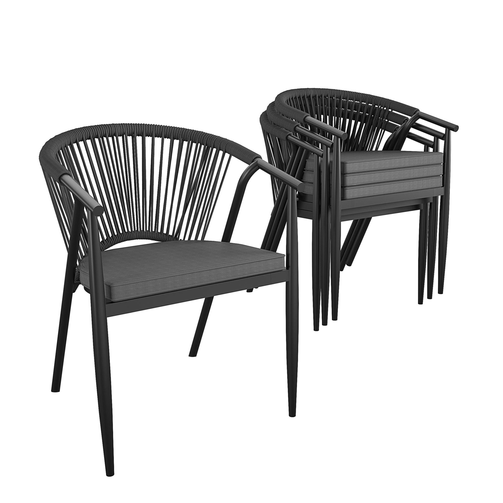 CosmoLiving by Cosmopolitan, Circi Collection, Stacking Dining Chair with Rope Weave, 4-Pack, Black and Charcoal