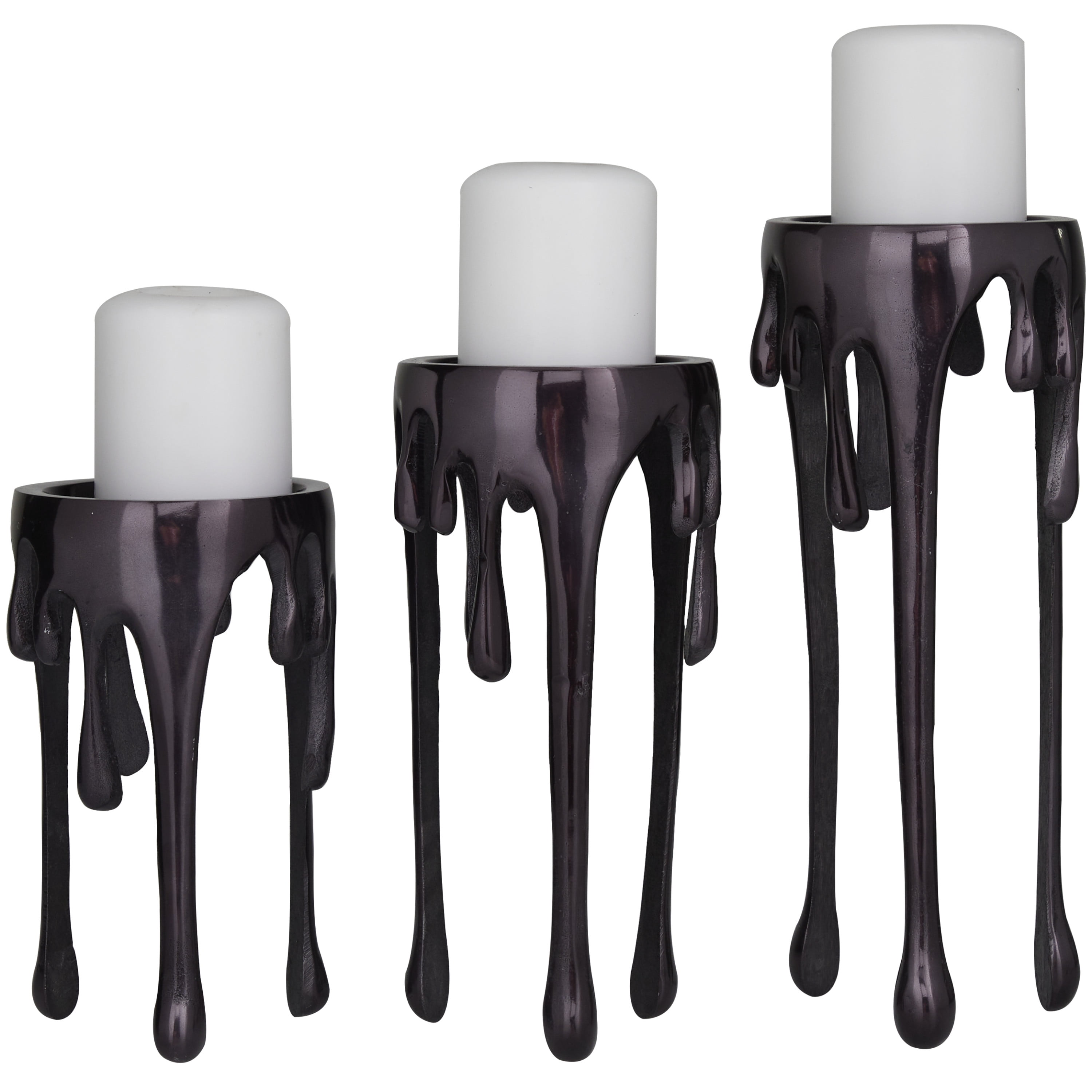 Contemporary Black Metal Pillar Candle Holder Set with Melting Design, 3 Pieces