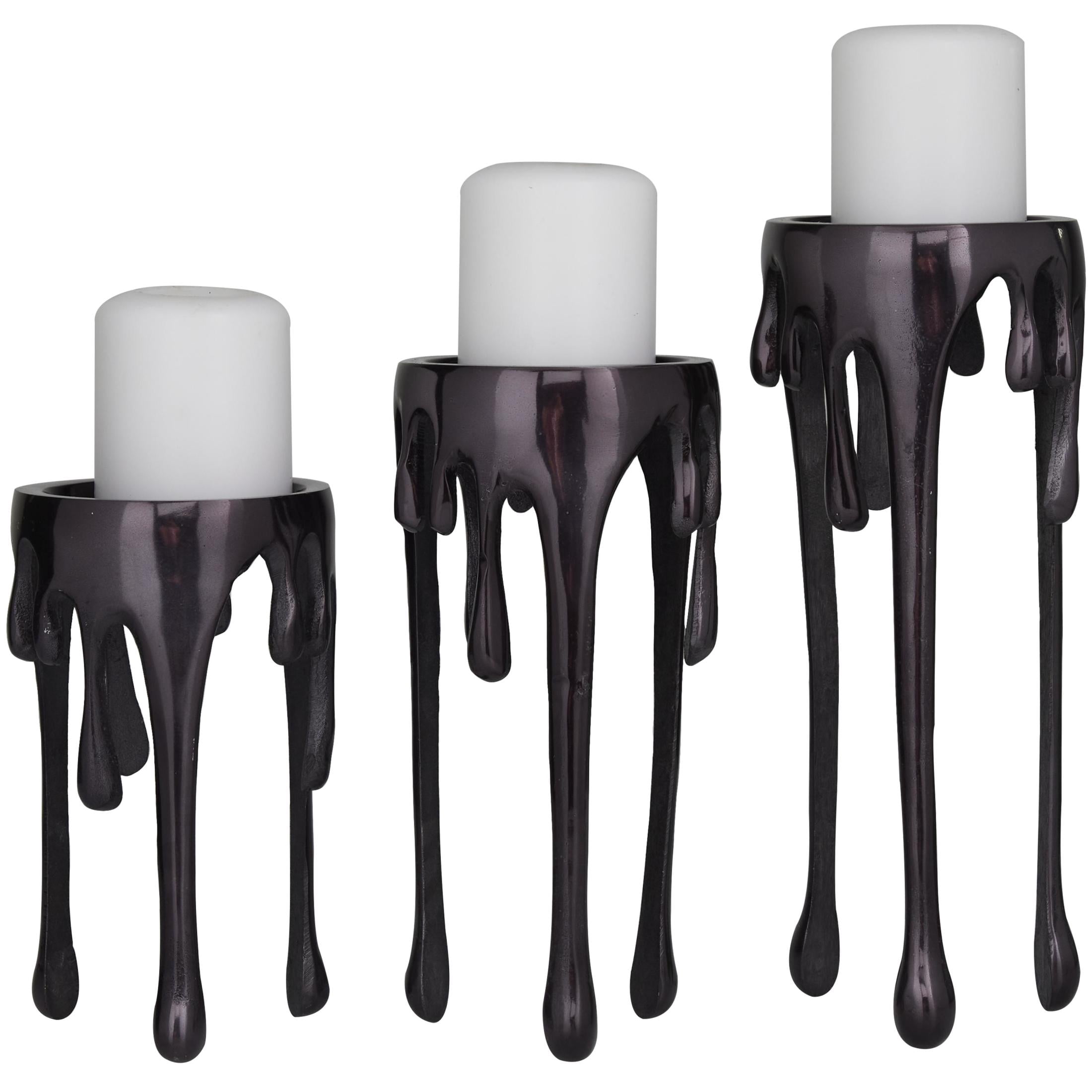 CosmoLiving by Cosmopolitan Contemporary Aluminum 3D Melting Candle Design Candle Holder, Set of 3 12" 10" 8" with Glossy Metallic Black Finish