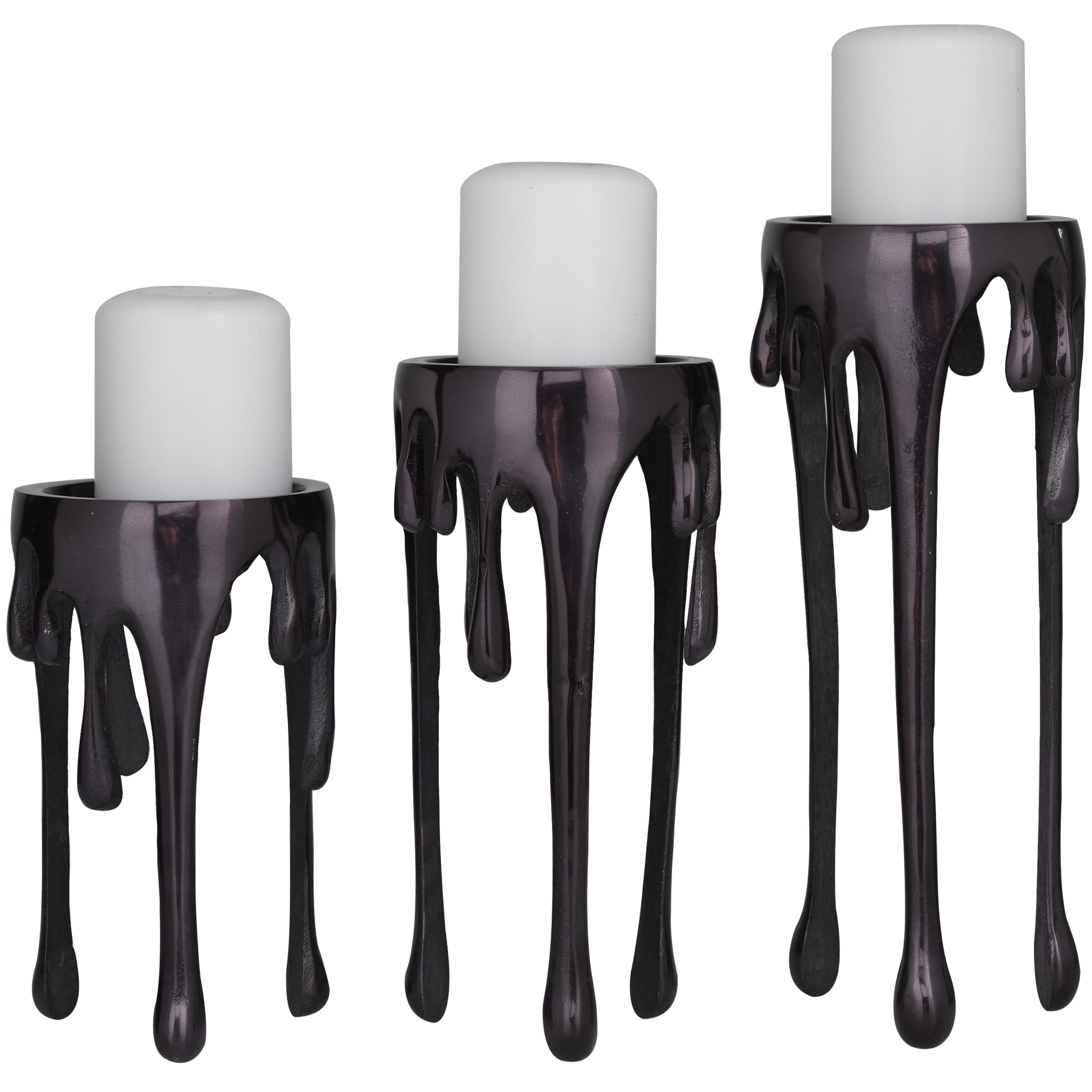 Contemporary Black Metal Pillar Candle Holder Set with Melting Design, 3 Pieces
