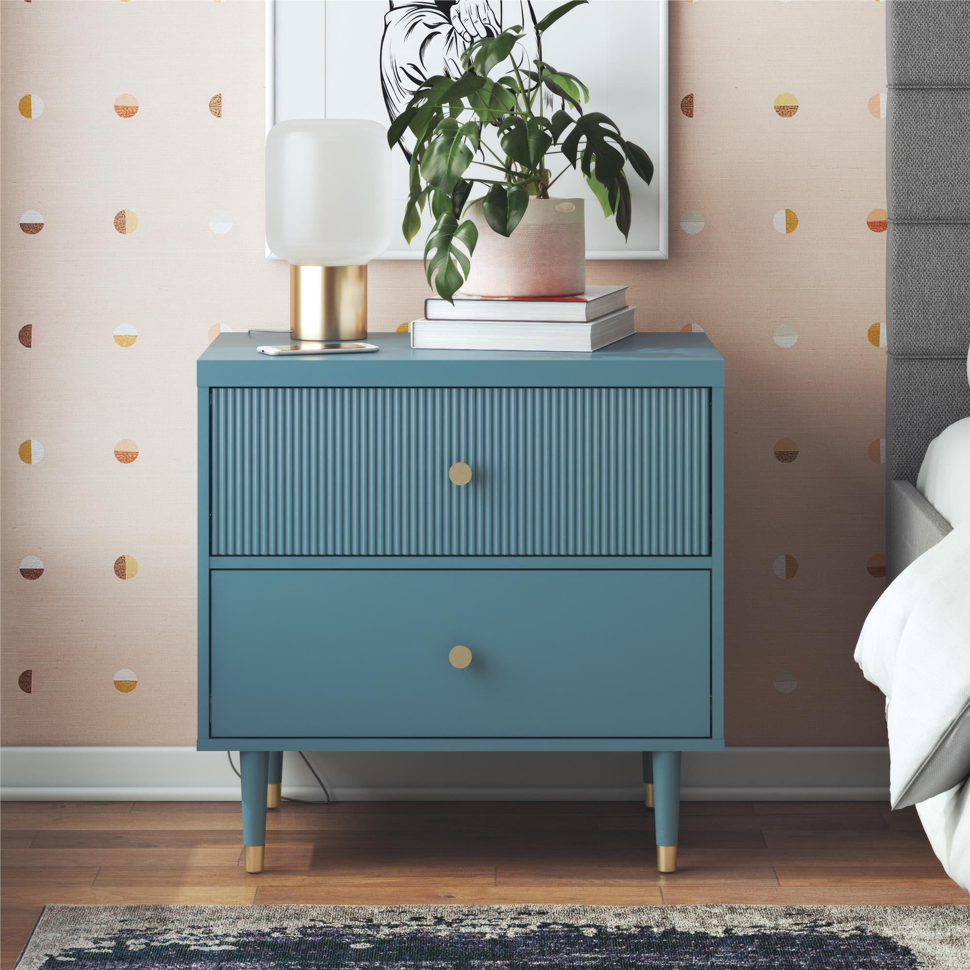 Smoke Blue 2-Drawer Nightstand with Gold Accents
