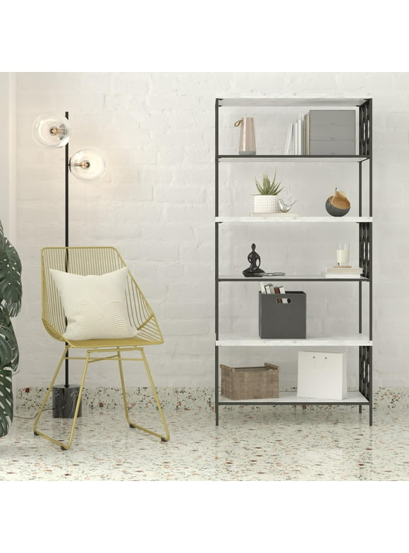 CosmoLiving by Cosmopolitan Ella 5 Shelf Bookcase, White Faux Marble/Black