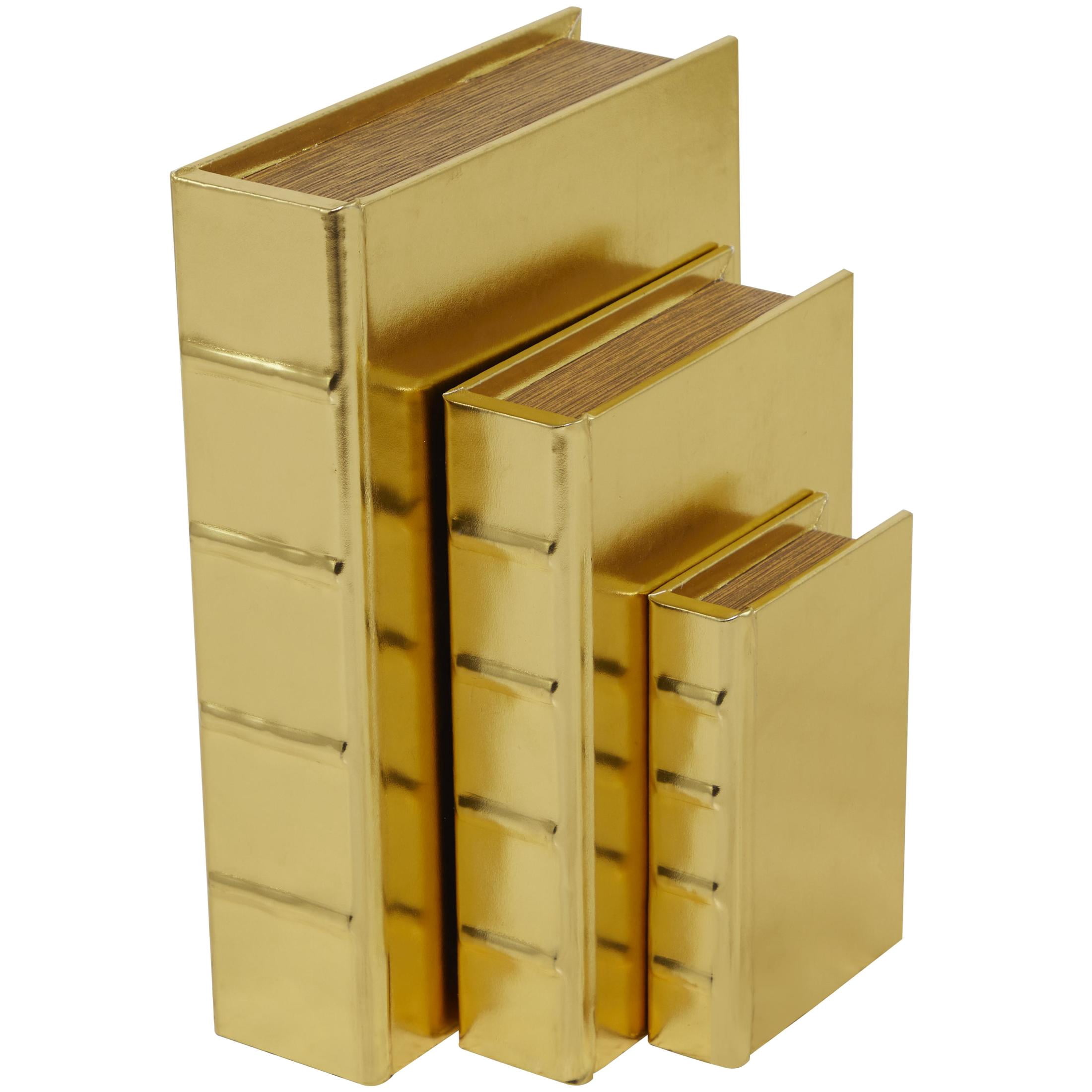 CosmoLiving by Cosmopolitan Metallic Book Storage Gold Faux Leather Decorative Box with Textured Spine, 3 Count