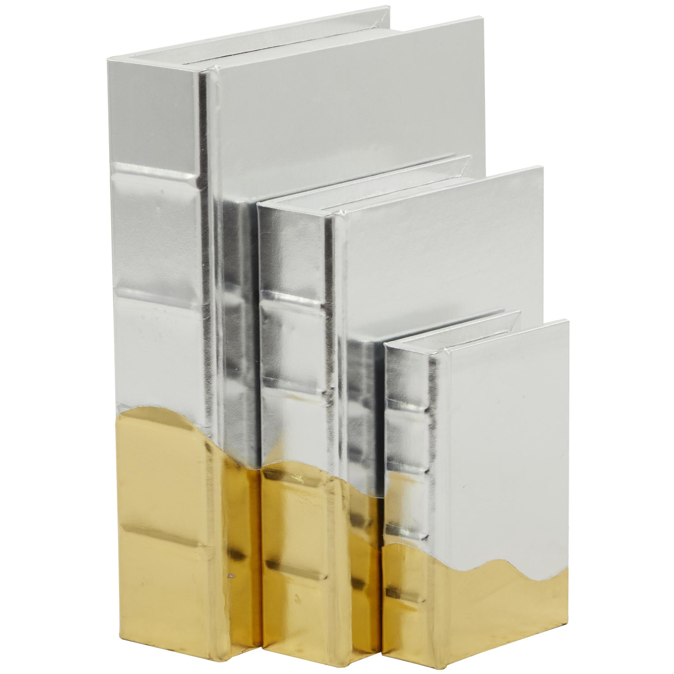CosmoLiving by Cosmopolitan Metallic Faux Book Storage Silver Faux Leather Decorative Box with Wavy Gold Design, 3 Count