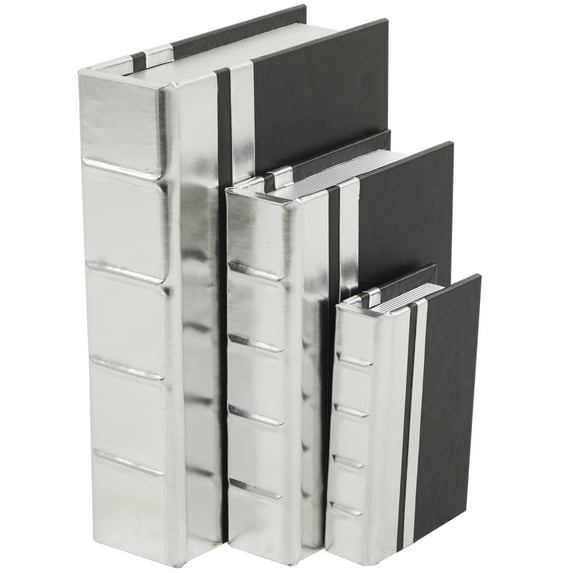 CosmoLiving by Cosmopolitan Faux Book Silver Faux Leather Decorative Box with Metallic Finish, 3 Count