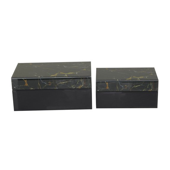 CosmoLiving by Cosmopolitan Geometric Black Glass Decorative Box with Hinged Lid, 2 Count